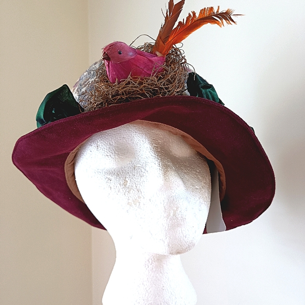 Vintage Corky Whimsical Conversational Piece Hat Bird Nest Tapestry & Velvet OS